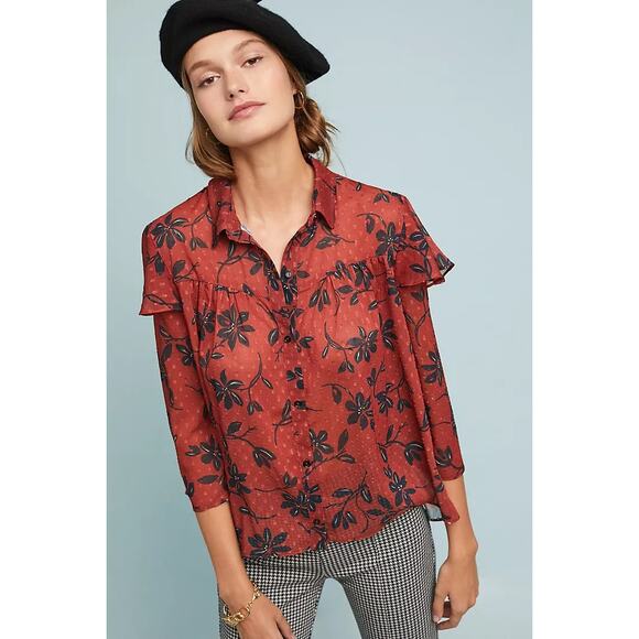 ANTHROPOLOGIE ERI + ALI sz S Autumn Floral Blouse w swiss dots EUC - Picture 1 of 5